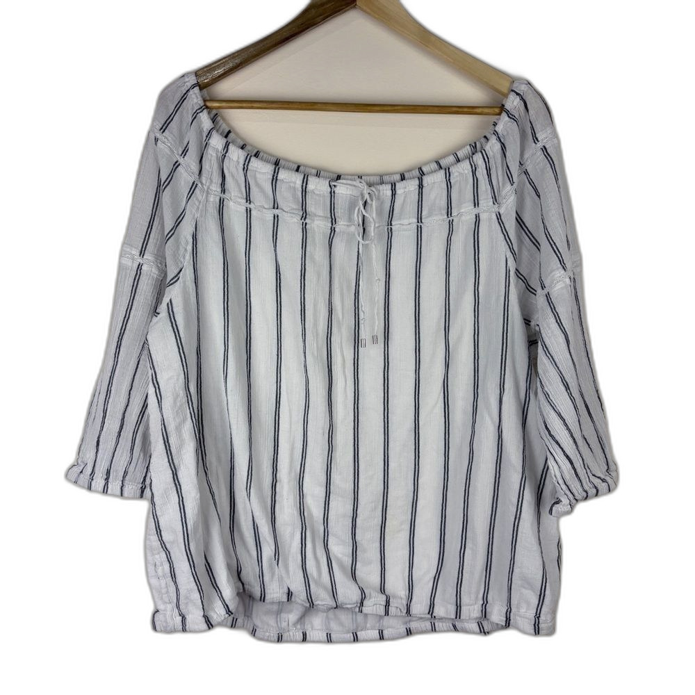 Ralph Lauren White Stripe Cotton Blouse Size XL Coastal Preppy Off Shoulder